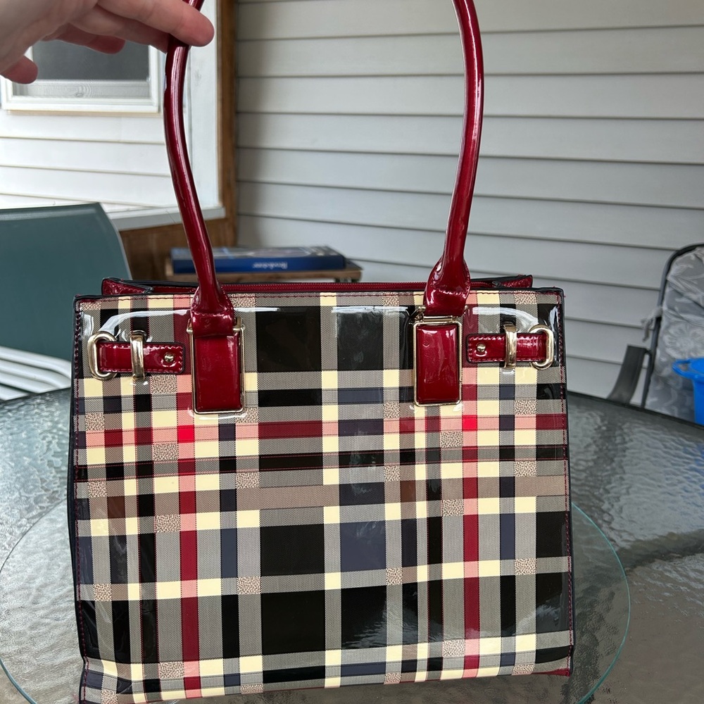 Stylish Plaid Handbag with Red Accents